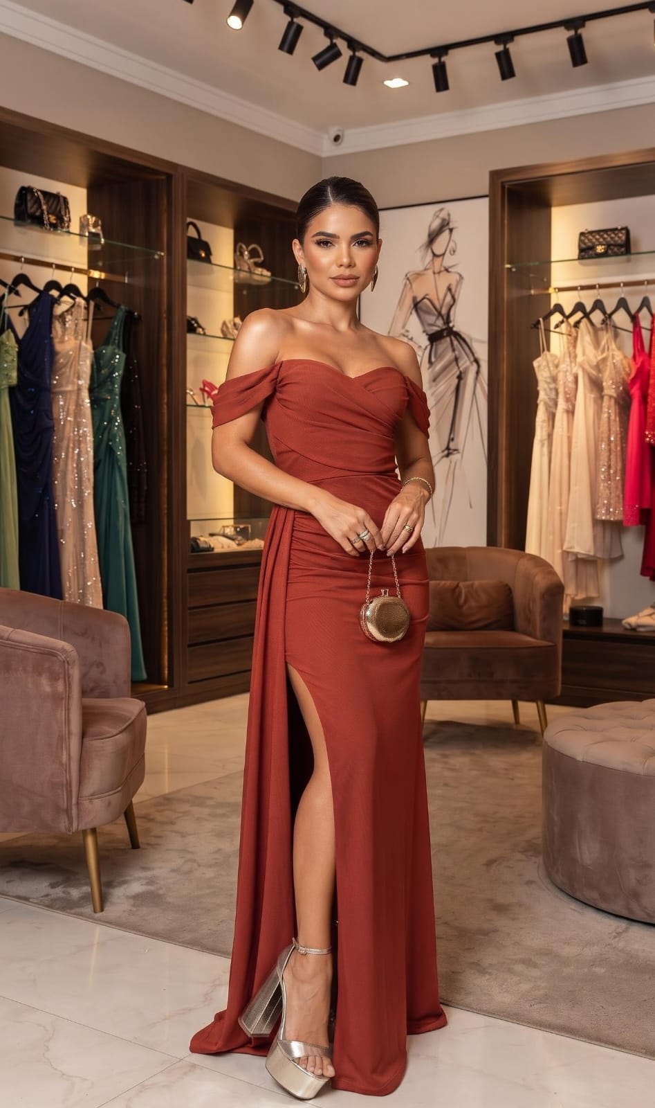 Vestido Longo em Prada Terracota Ombro a Ombro e Fenda
