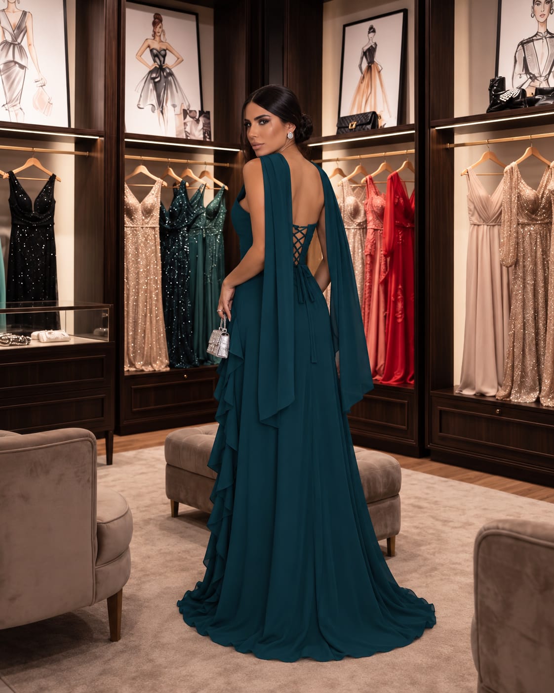Vestido Longo em Chiffon Verde Esmeralda/Petróleo um Ombro Só Babados