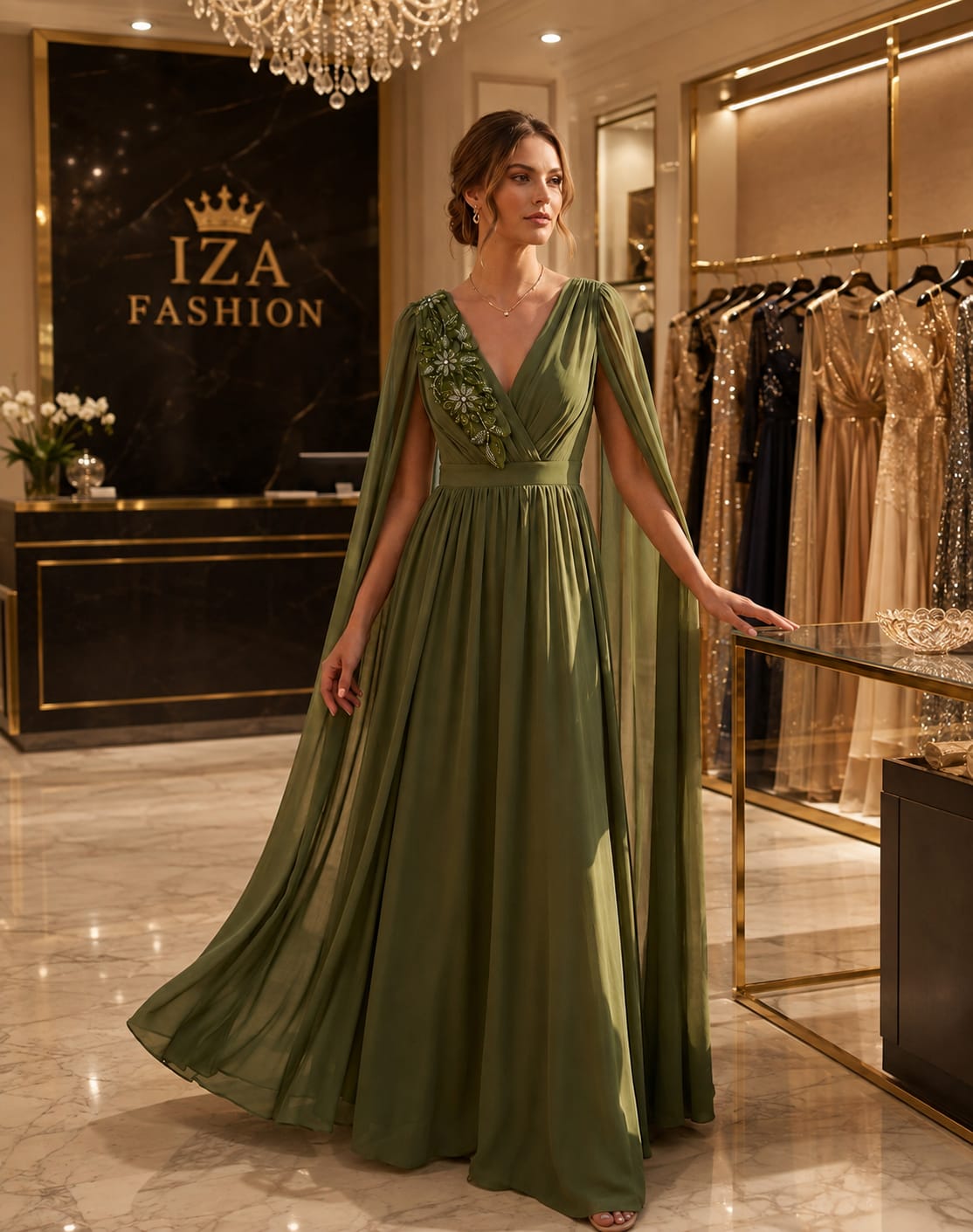 Vestido Longo Bordado em Crepe de Seda Chiffon Verde Oliva Elegante
