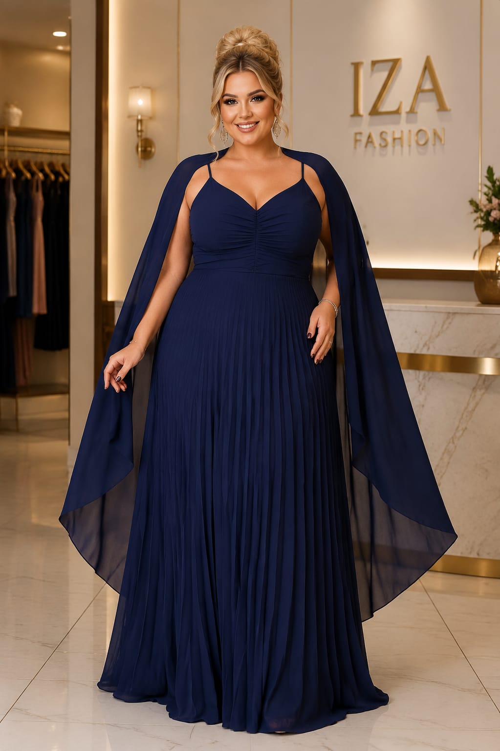 Vestido Longo Azul Marinho Plissado com Capa