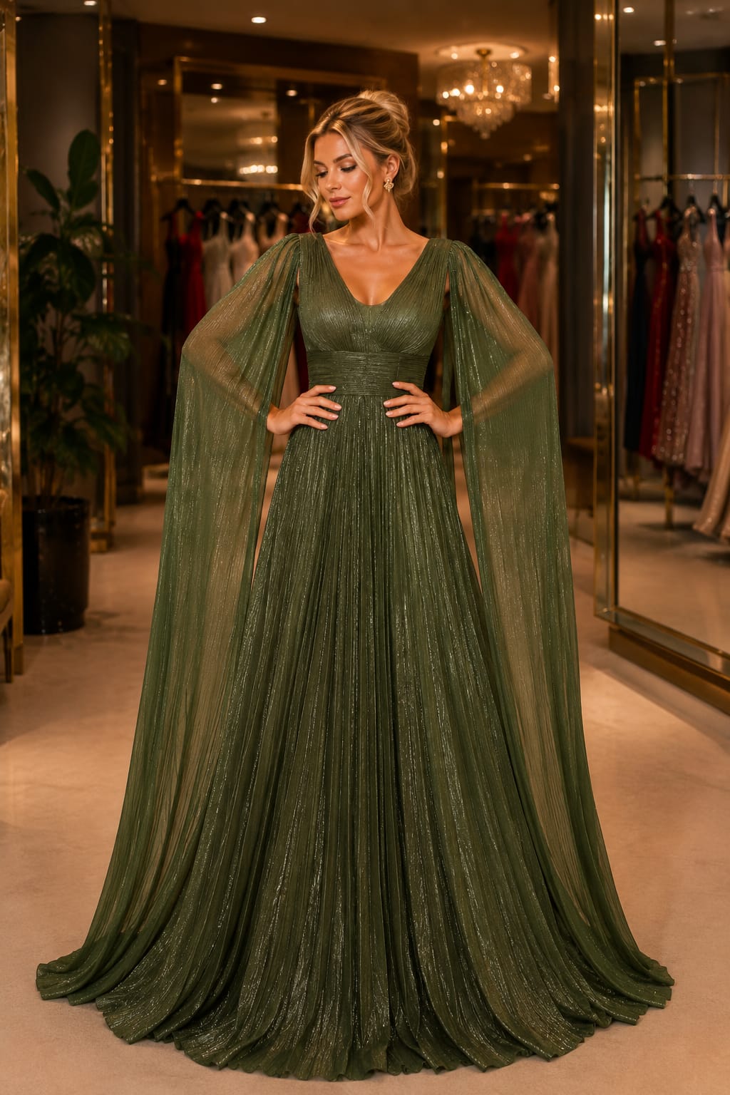 Vestido Longo Verde Oliva Plissado – Elegância e Movimento