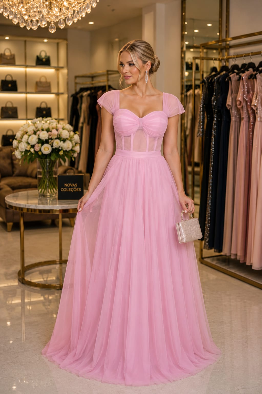 Vestido Longo em Tule com Corpo Estruturado e Decote Coração