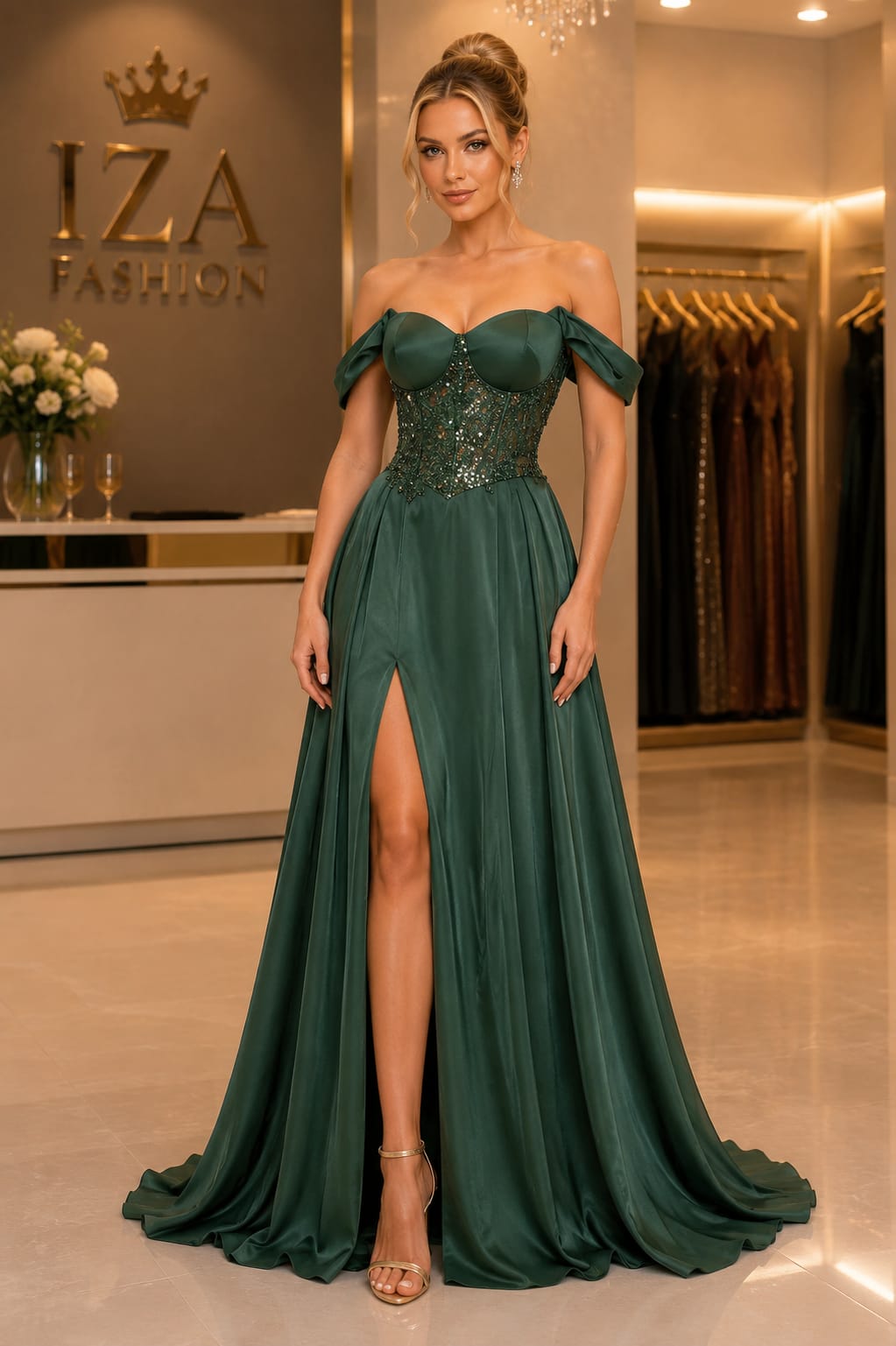 Vestido Longo Verde Esmeralda Corselete Bordado com Fenda