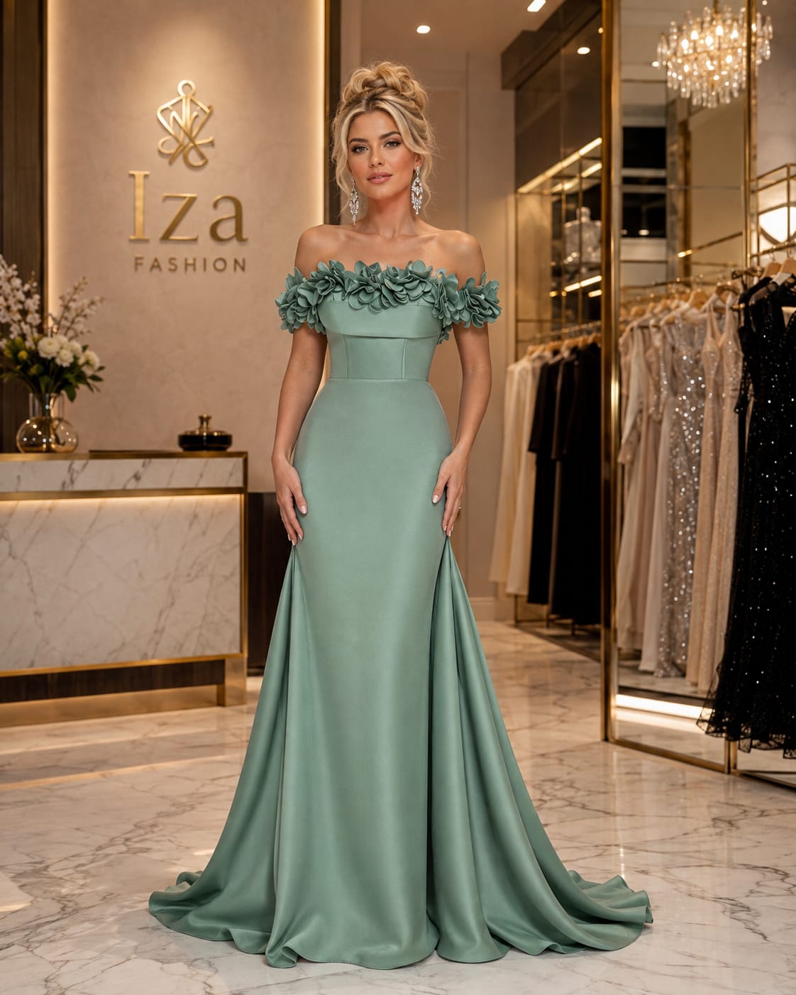 Vestido Longo Verde Menta em Zibeline com Ombro a Ombro e Flores 3D