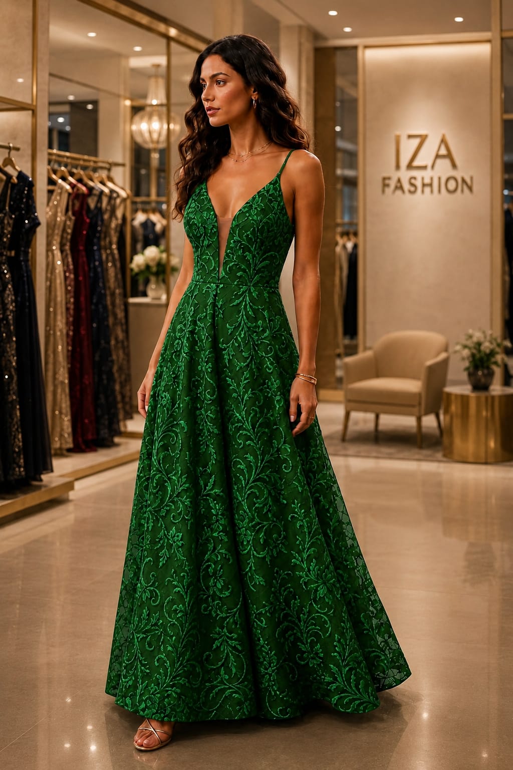 Vestido Longo Renda Bordada Verde Esmeralda