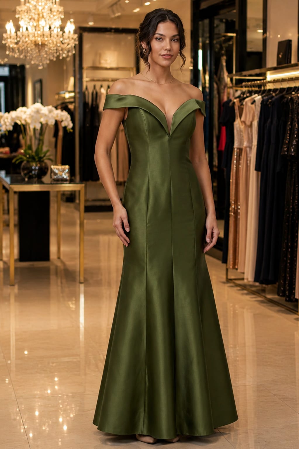 Vestido Longo Zibeline Oliva Ombro A Ombro Decote V Sereia