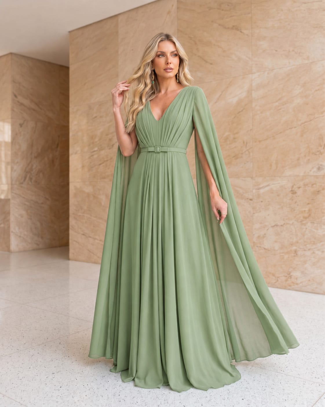 Vestido Longo Verde Menta com Capa Elegante