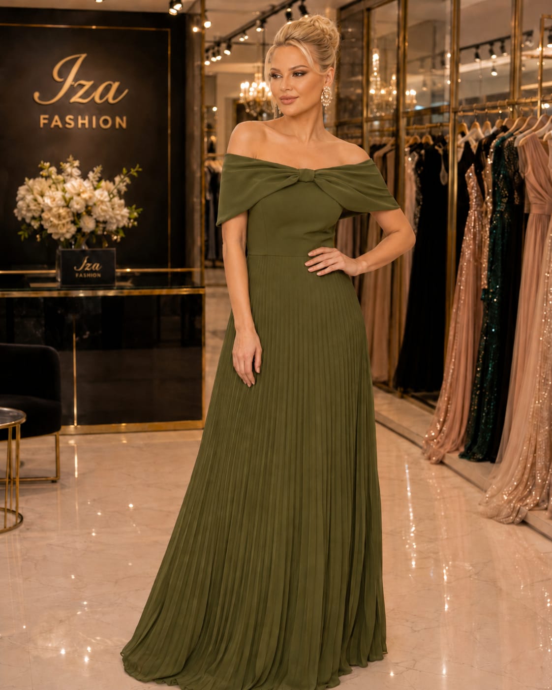 Vestido Longo Verde Oliva Ombro a Ombro Plissado
