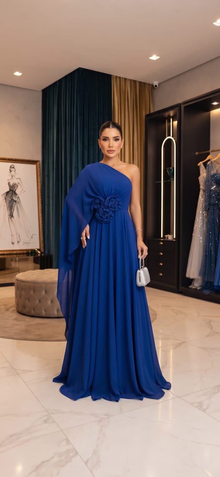 Vestido de Festa Azul Royal Decote um Ombro Só e Flores Aplicadas