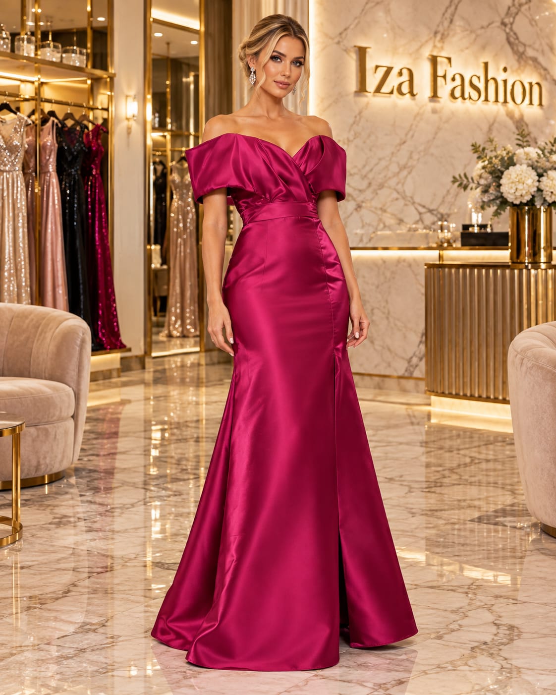 Vestido Longo em Zibeline Sereia Fúcsia Ombro a Ombro