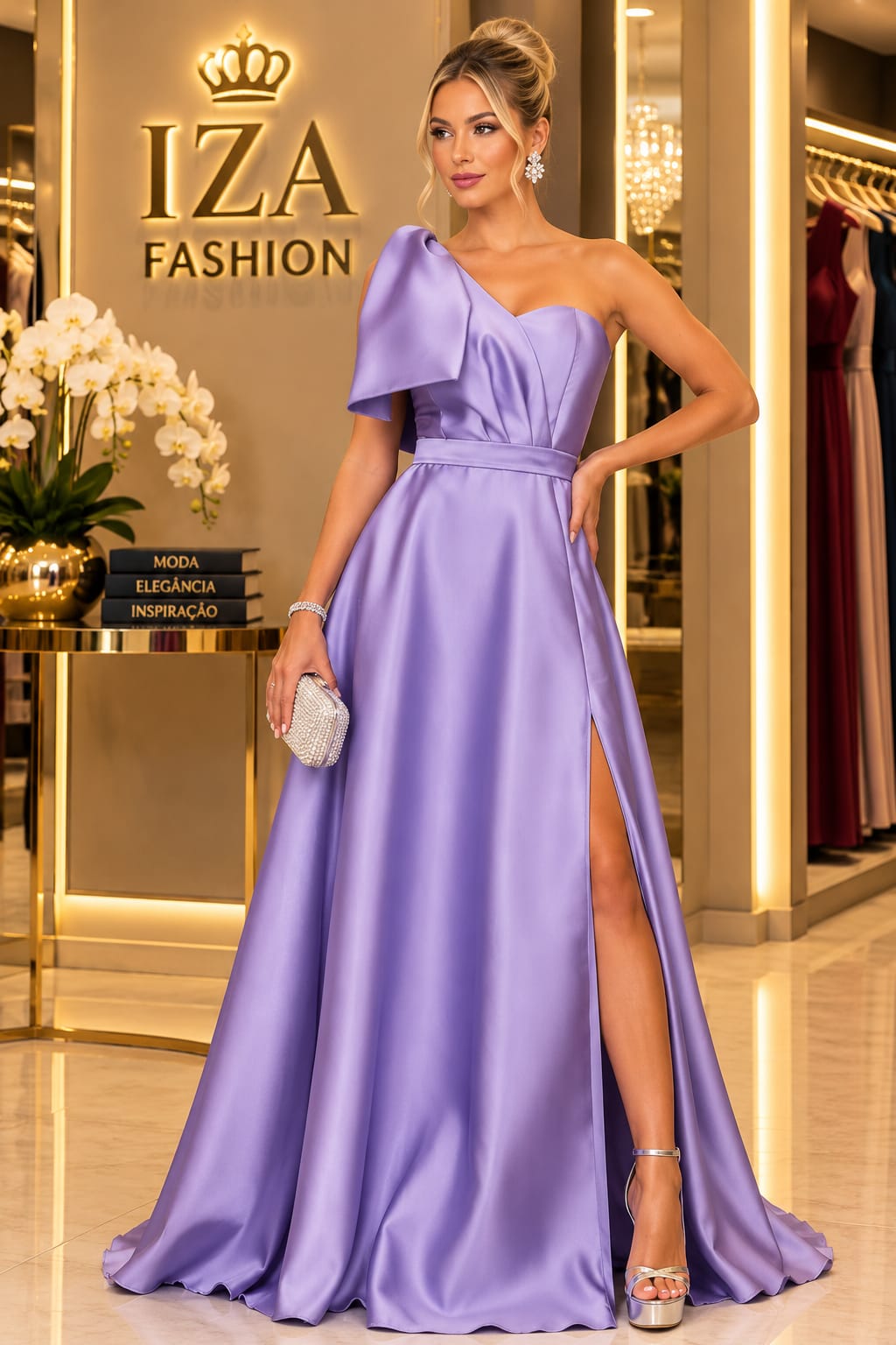 Vestido Longo Lilás em Zibeline com Ombro Único, Laço Estruturado e Fenda Alta