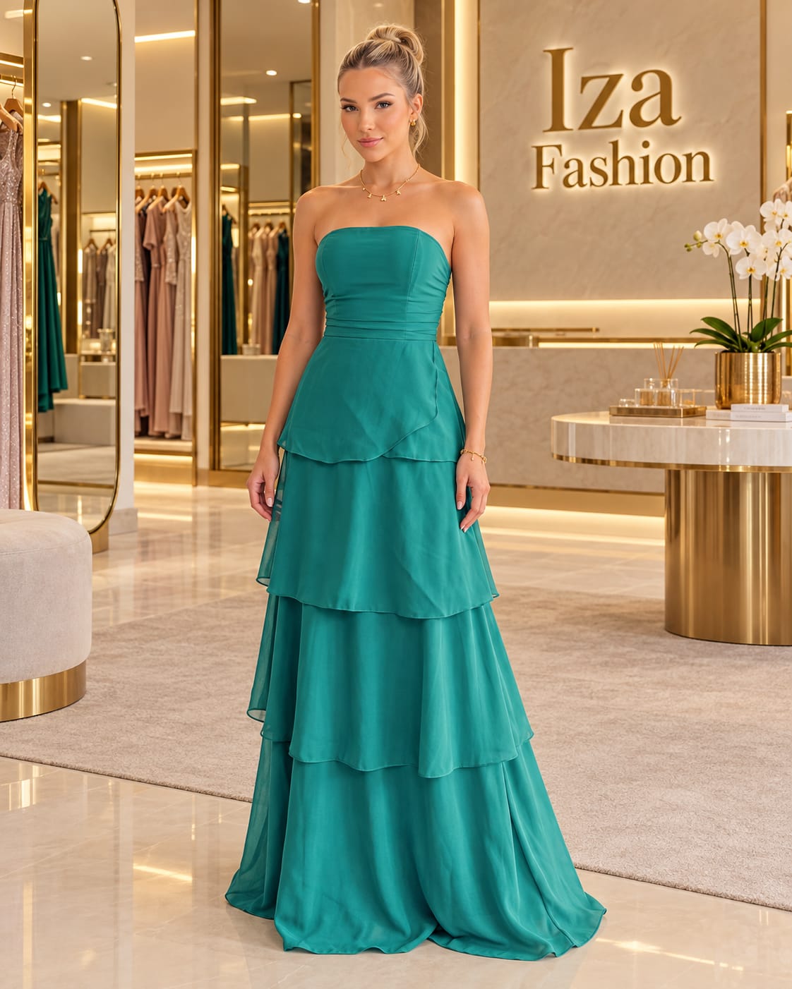 Vestido Longo Turquesa Tomara-que-caia com Babados em Camadas