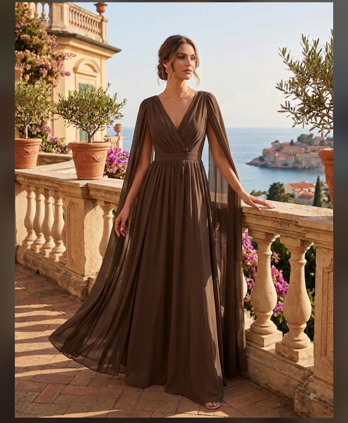 Vestido Longo Marrom em Chiffon com Manga Cape e Decote V