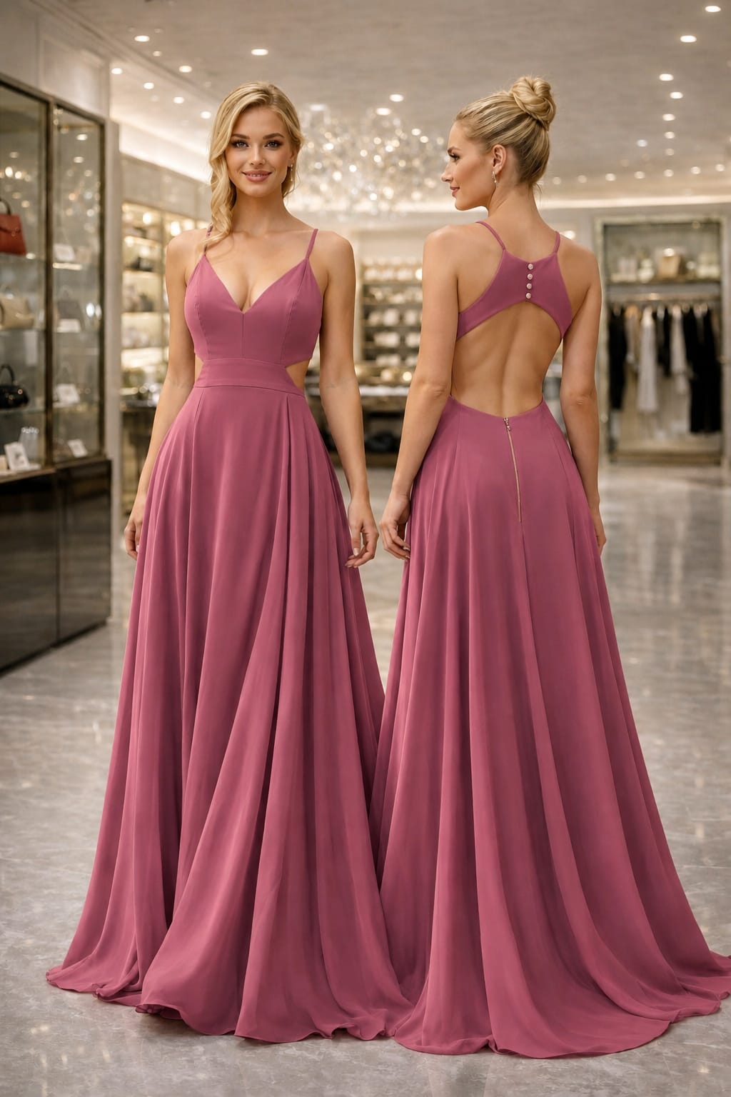 Vestido Longo Rosa com Recortes Cut-Out e Costas Abertas