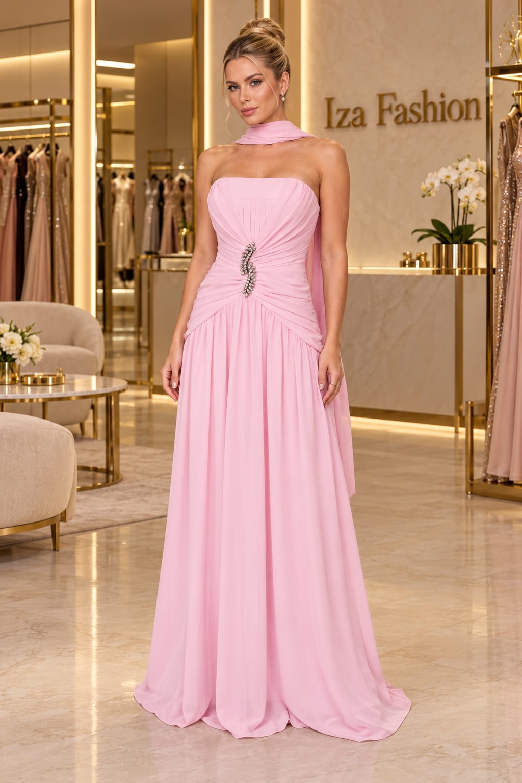 Vestido Longo Rosa Bebê Tomara-que-caia com Drapê e Lenço no Pescoço