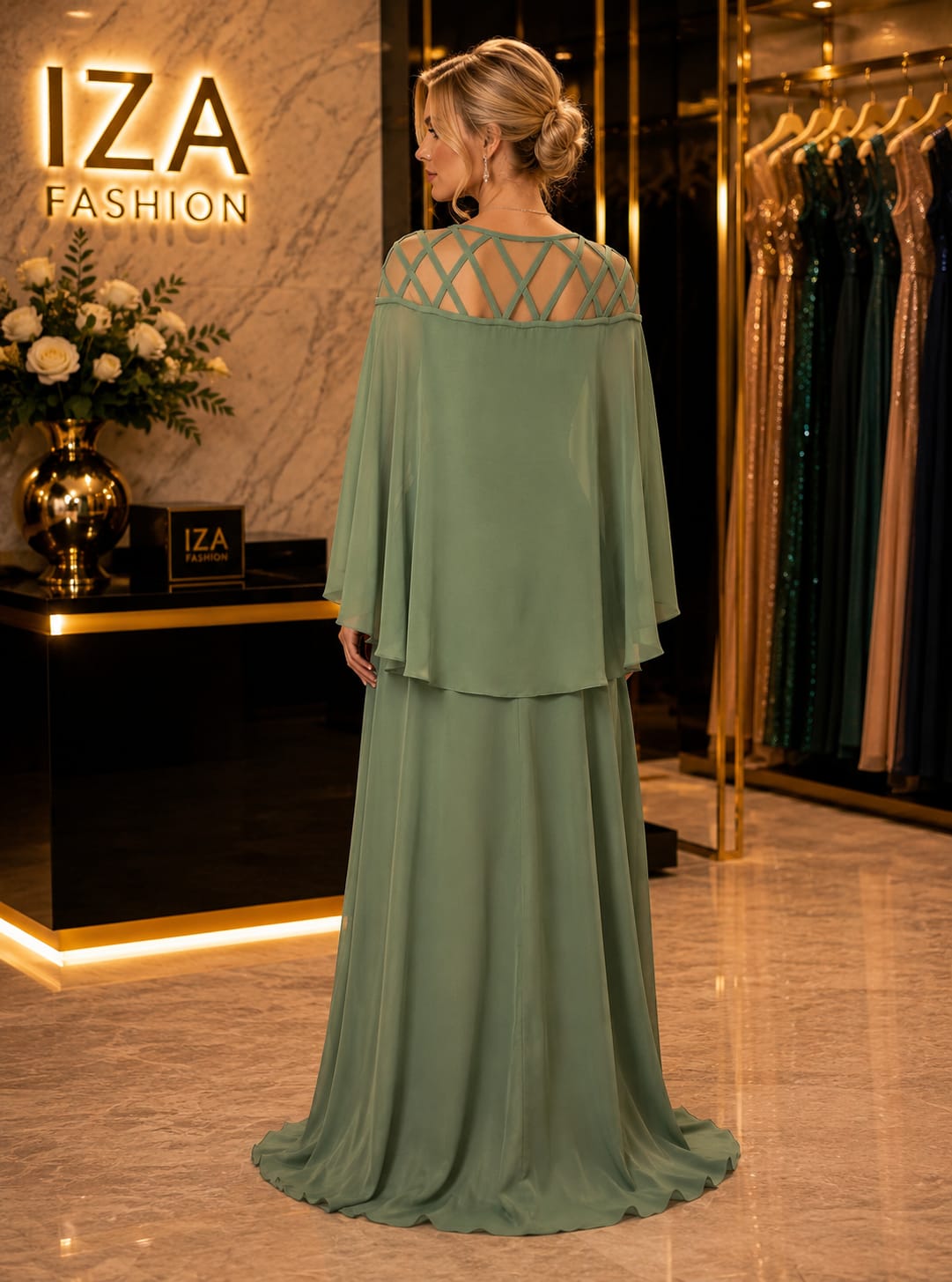 Vestido Longo com Detalhes no Colo e Capa