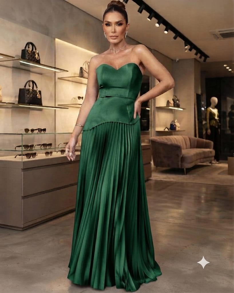 Vestido Longo Decote Coração Verde Esmeralda e Saia Plissada