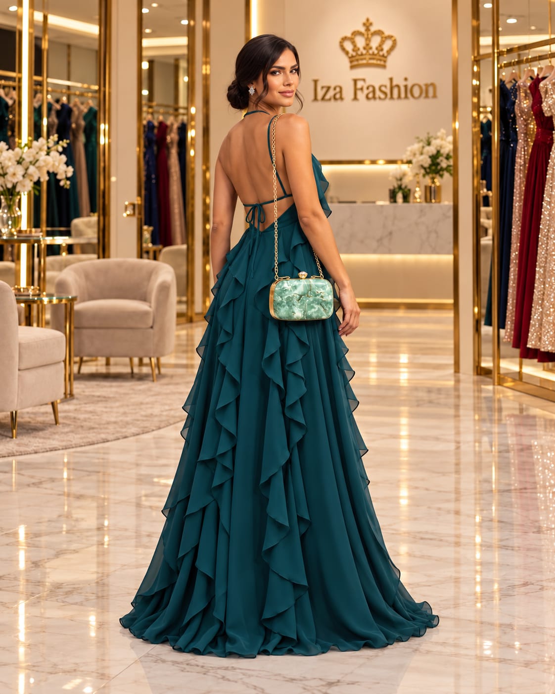 Vestido Longo Verde Esmeralda/Petróleo Frente Única com Flor e Babado