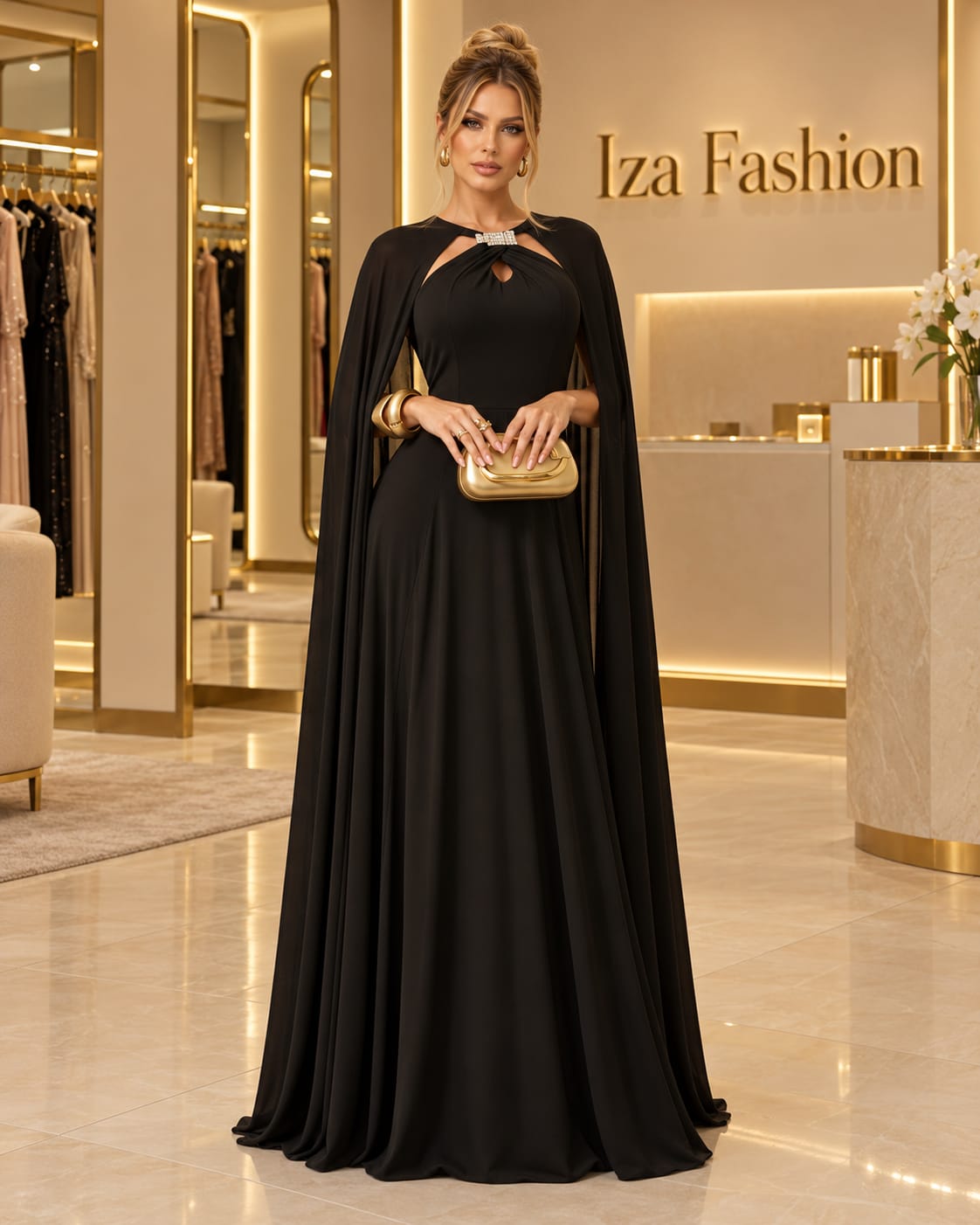 Vestido Longo Preto Deusa com Capa e Broche de Strass