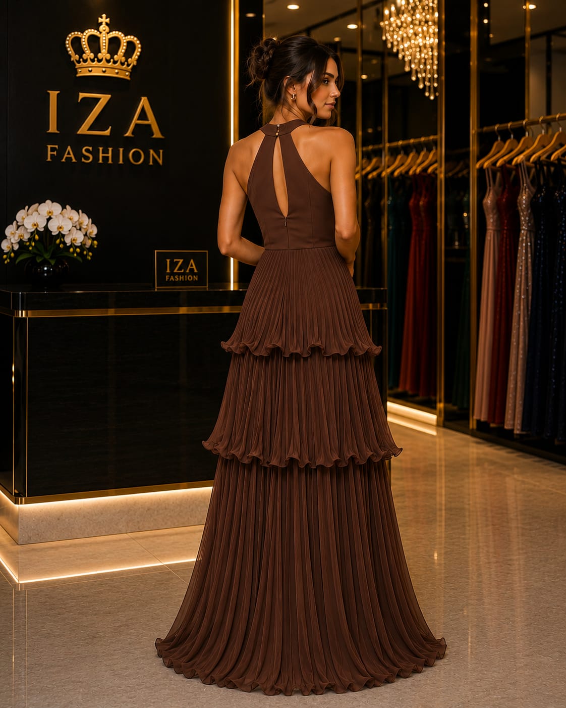 Vestido Longo Plissado com Babados Marrom