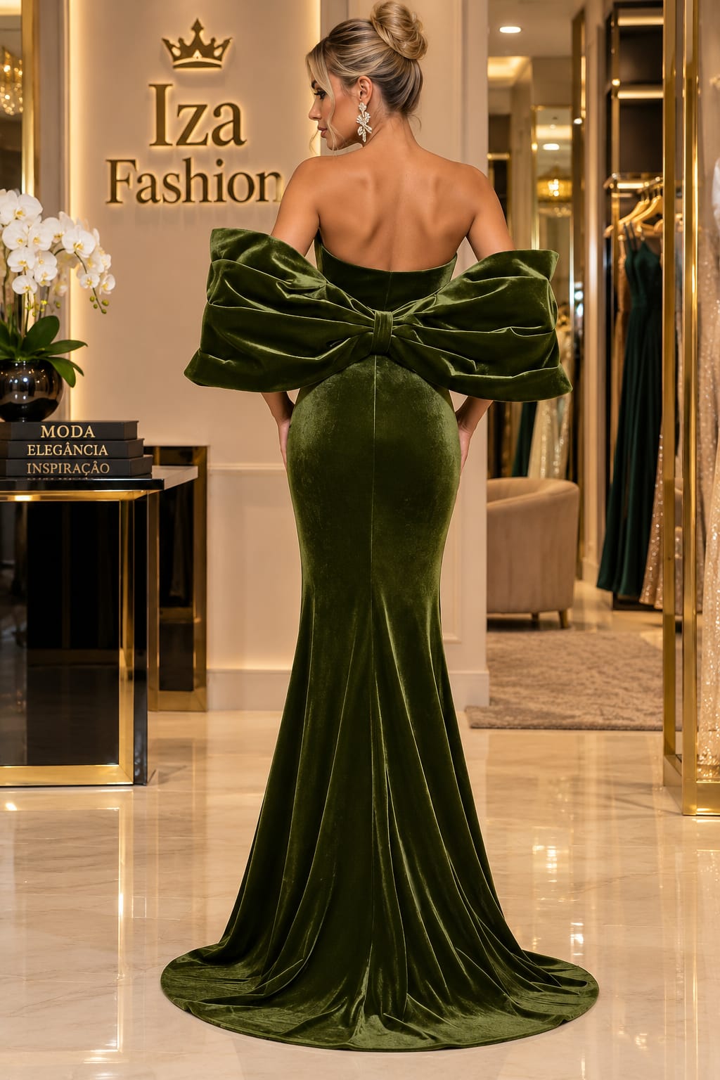 Vestido Longo Verde Oliva em Veludo com Decote Coração e Manga Balonê
