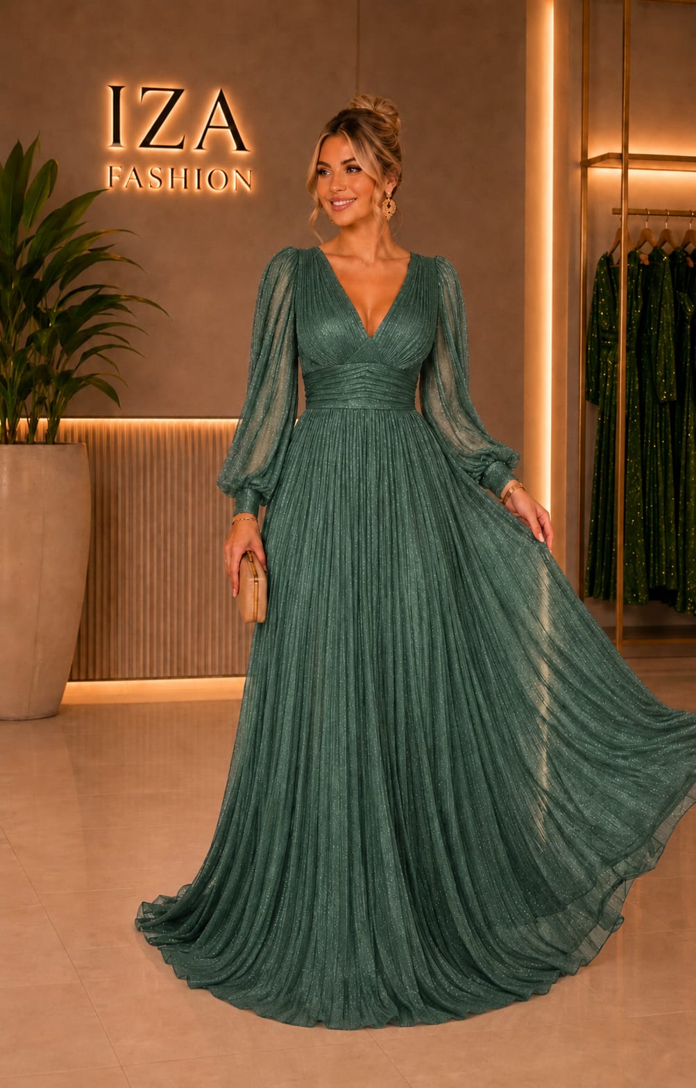 Vestido Longo Verde Oliva com Brilho Manga Longa
