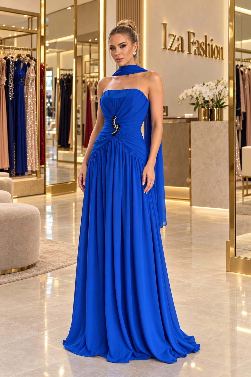 Vestido Longo Azul Royal Tomara-que-caia com Drapê e Lenço no Pescoço
