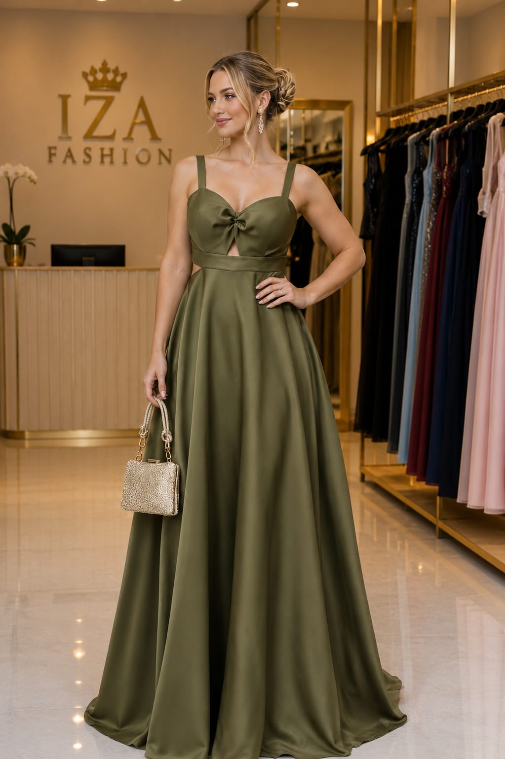 Vestido Longo Verde Militar Zibeline com Laço no Busto e Recortes Laterais