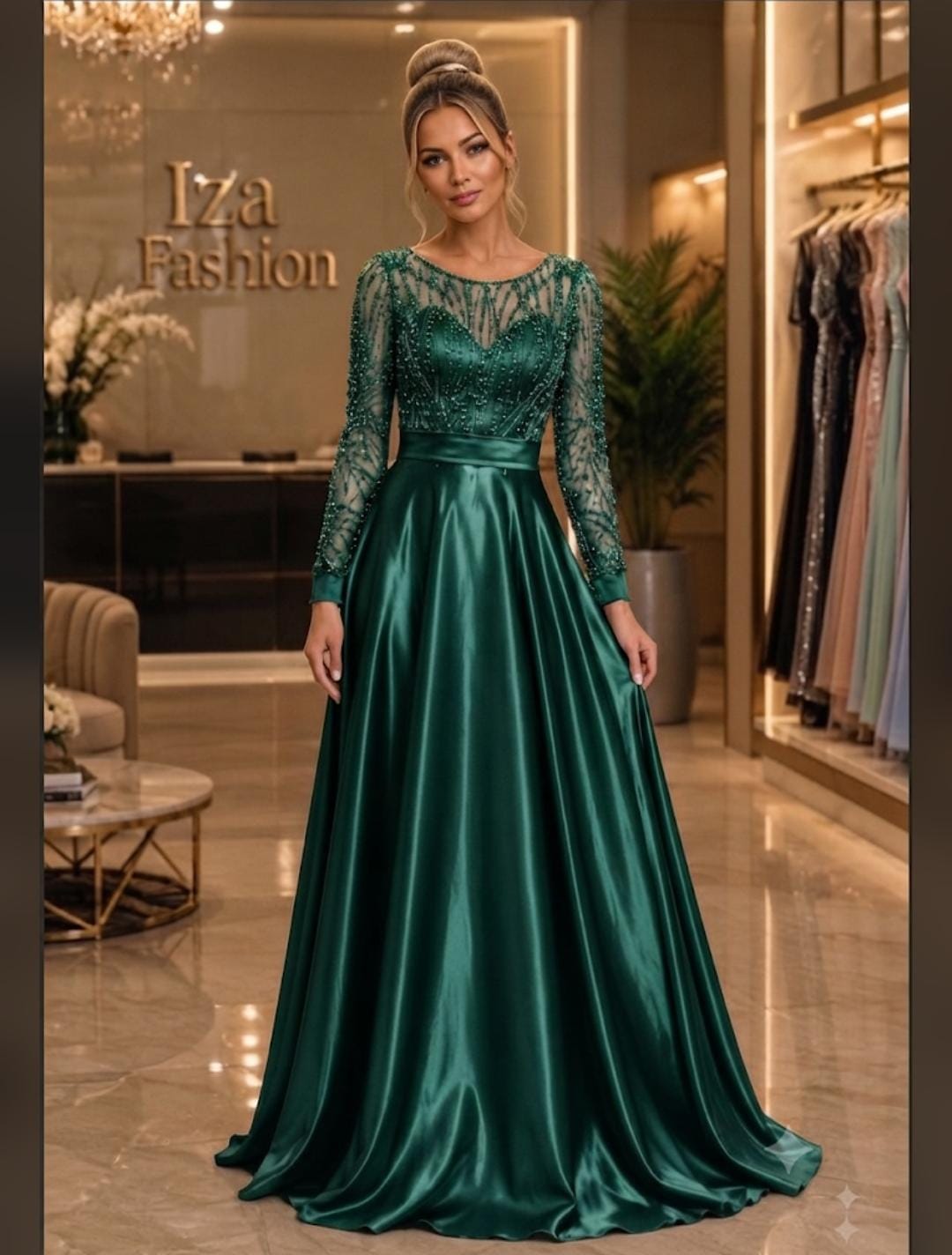 Vestido Longo Verde Esmeralda em CDC Amanda com Busto Bordado em Pedraria e Manga Longa Transparente