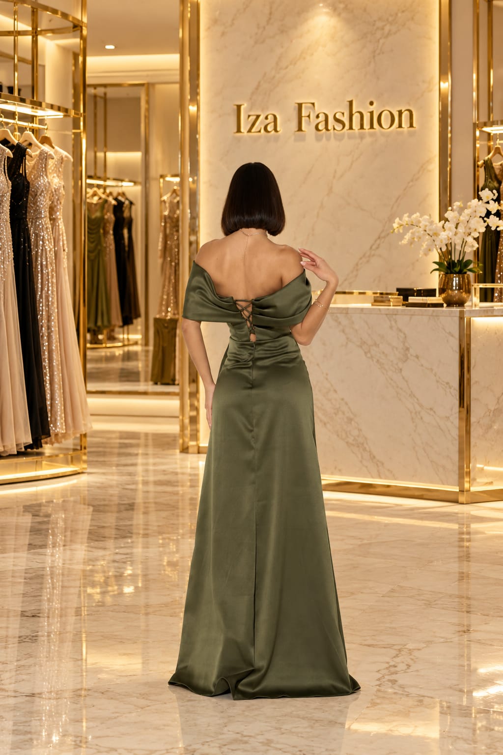 Vestido Longo CDC Amanda Verde Oliva Ombro a Ombro e Fenda