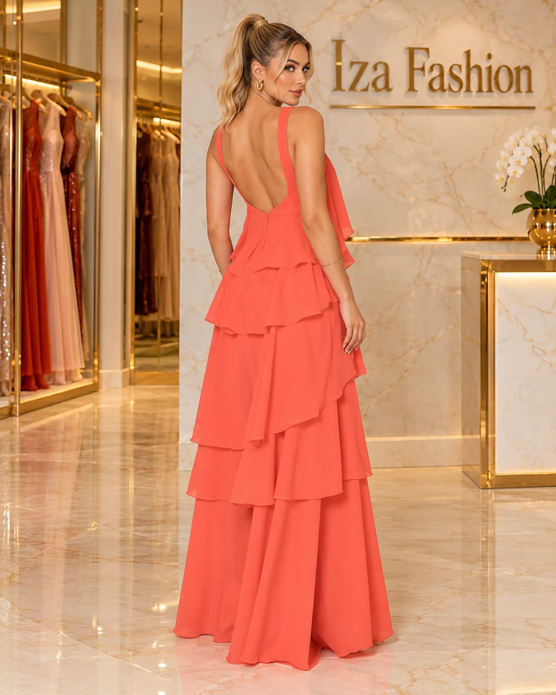 Vestido Longo em Camadas Chiffon Laranja