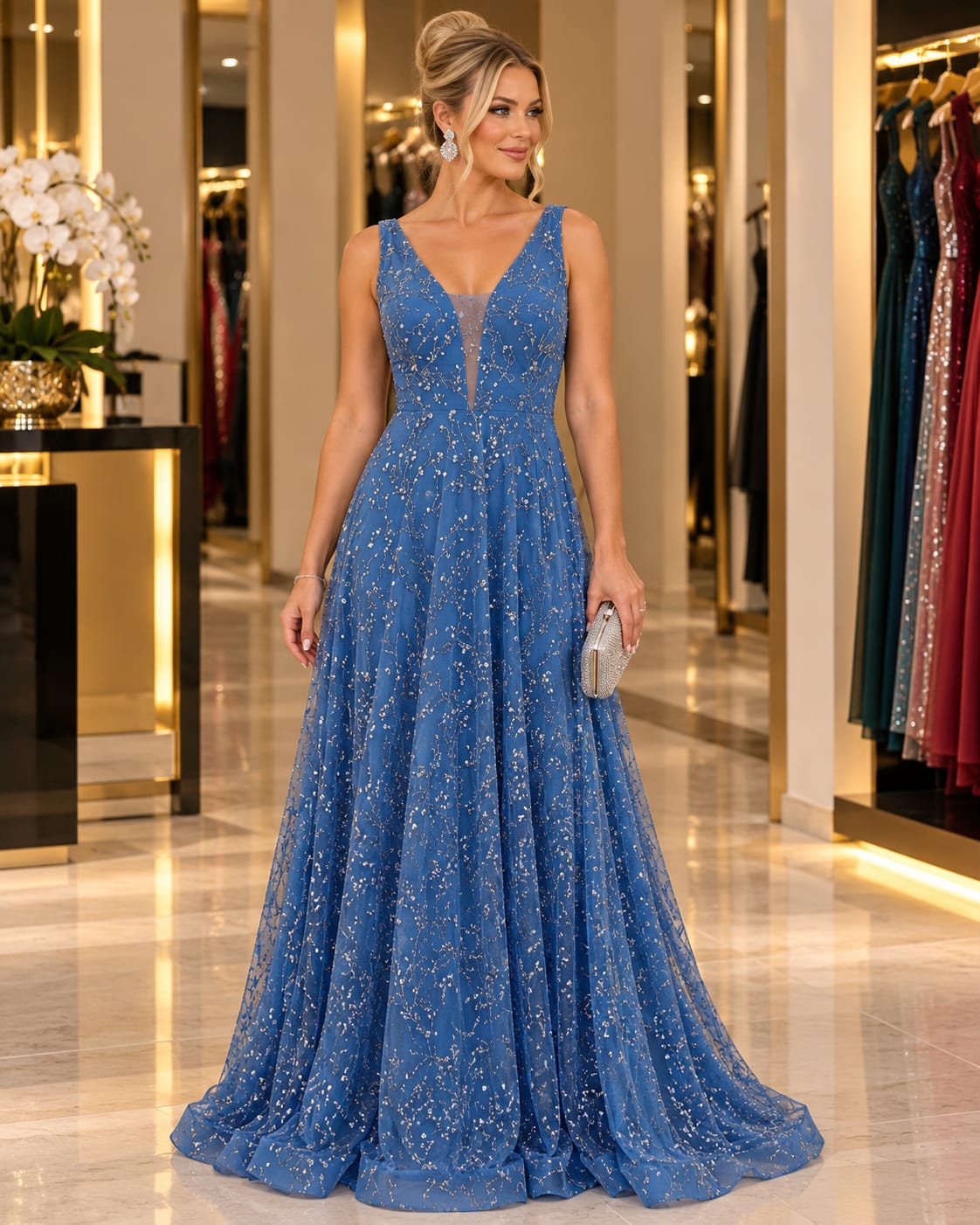 Vestido Longo Azul Royal Diamante com Brilho Cristal e Decote V Ilusão
