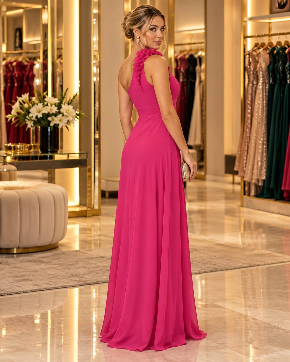 Vestido Longo Pink com Ombro Único e Flores 3D em Chiffon Fluido