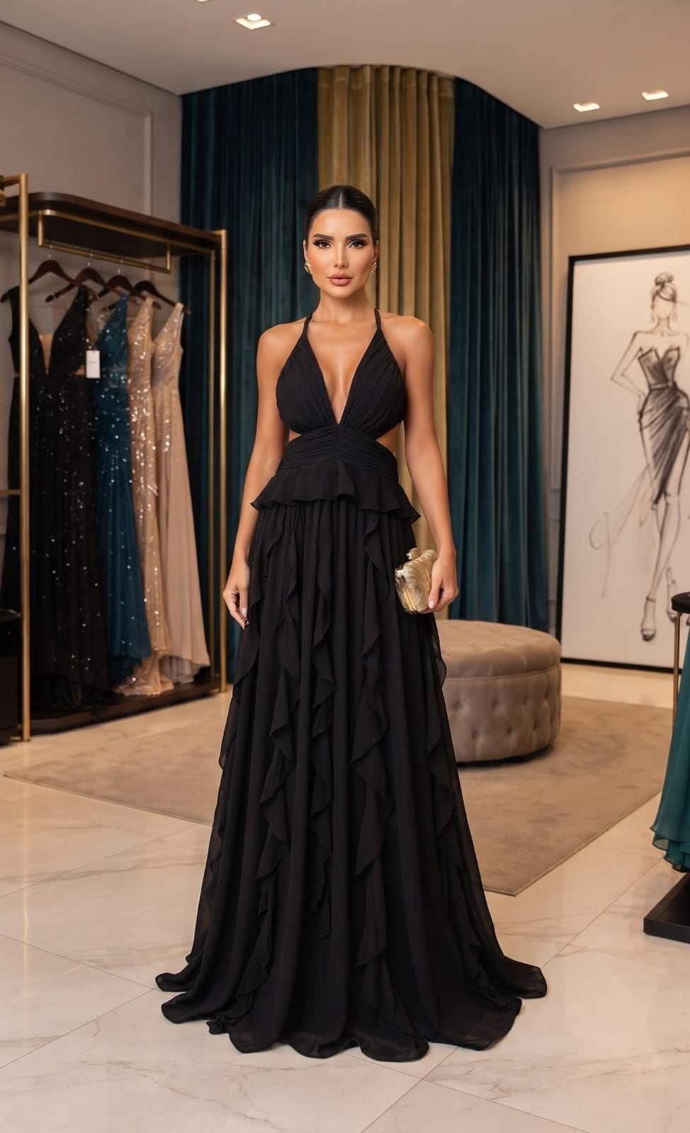 Vestido Longo Preto em Chiffon Frente Única e Babados 2 em 1