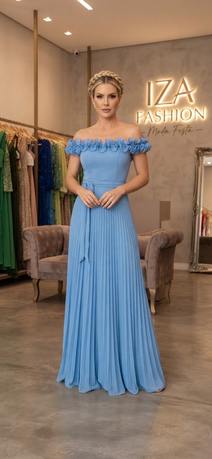 Vestido Chiffon Plissado Ombro a Ombro Azul Serenity