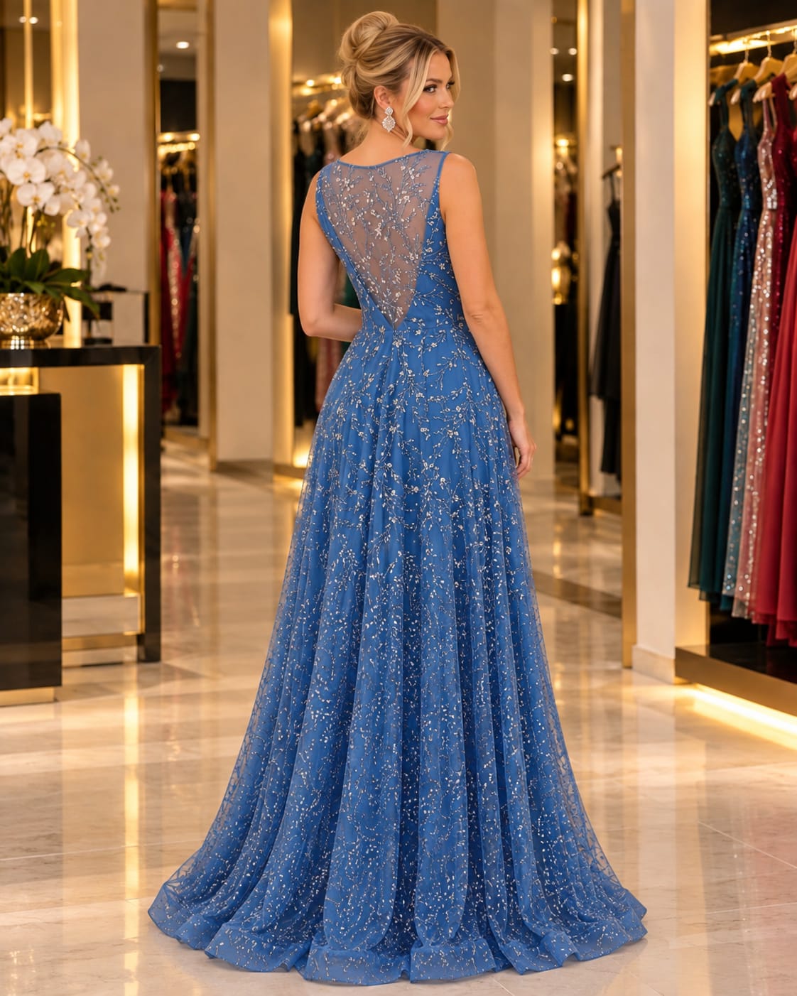 Vestido Longo Azul Royal Diamante com Brilho Cristal e Decote V Ilusão