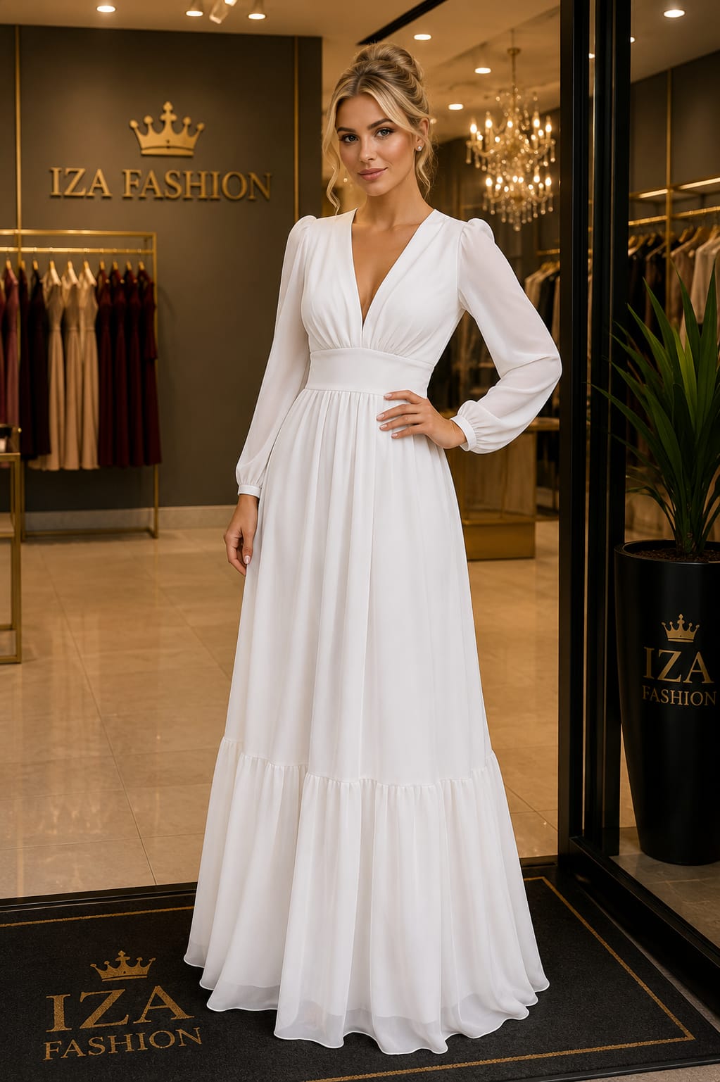 Vestido Longo em Tule Manga Longa Branco