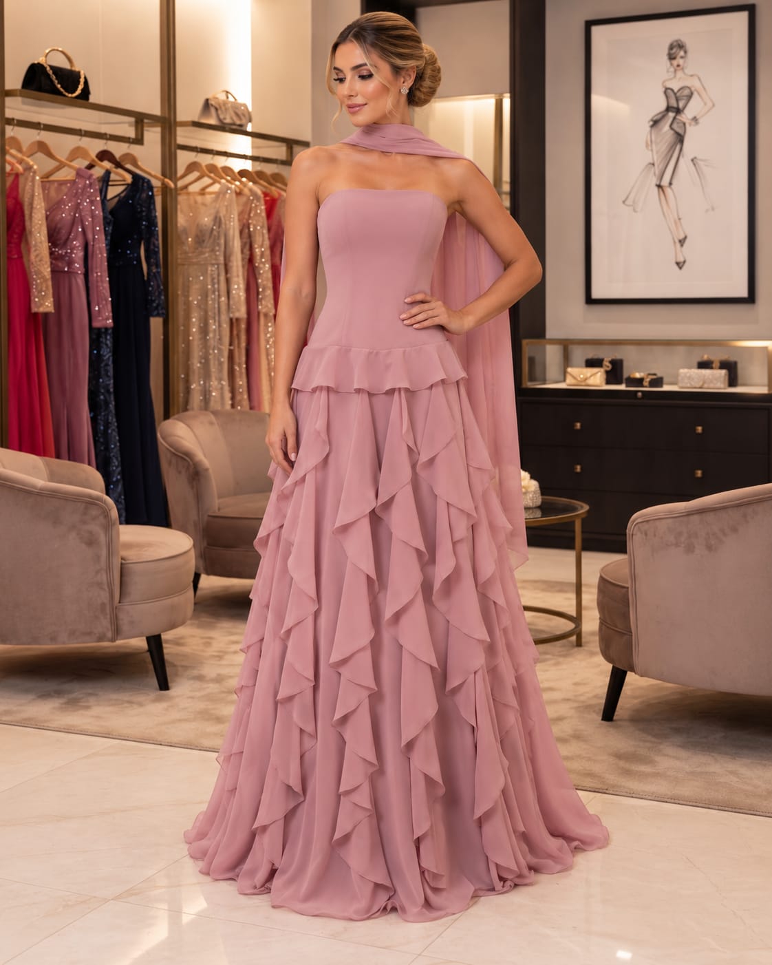 Vestido Longo em Chiffon Tomara que Caia e Saia Babados Rosa