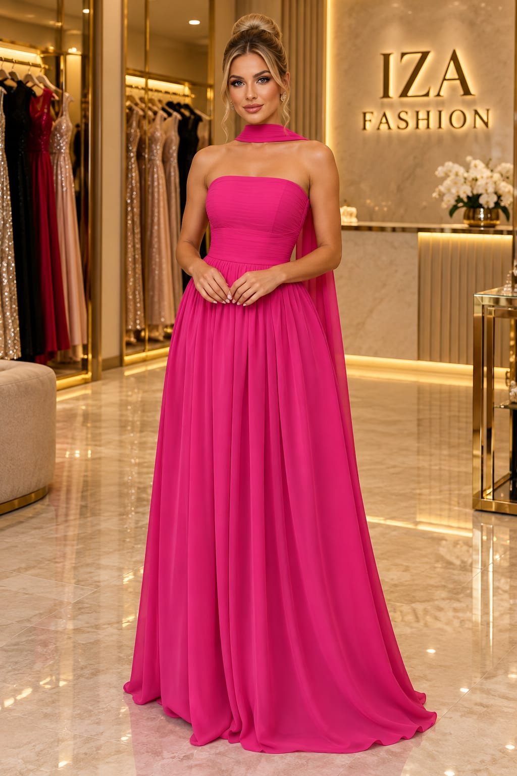 Vestido Longo Pink Fúcsia Tomara-que-caia com Echarpe na Gola