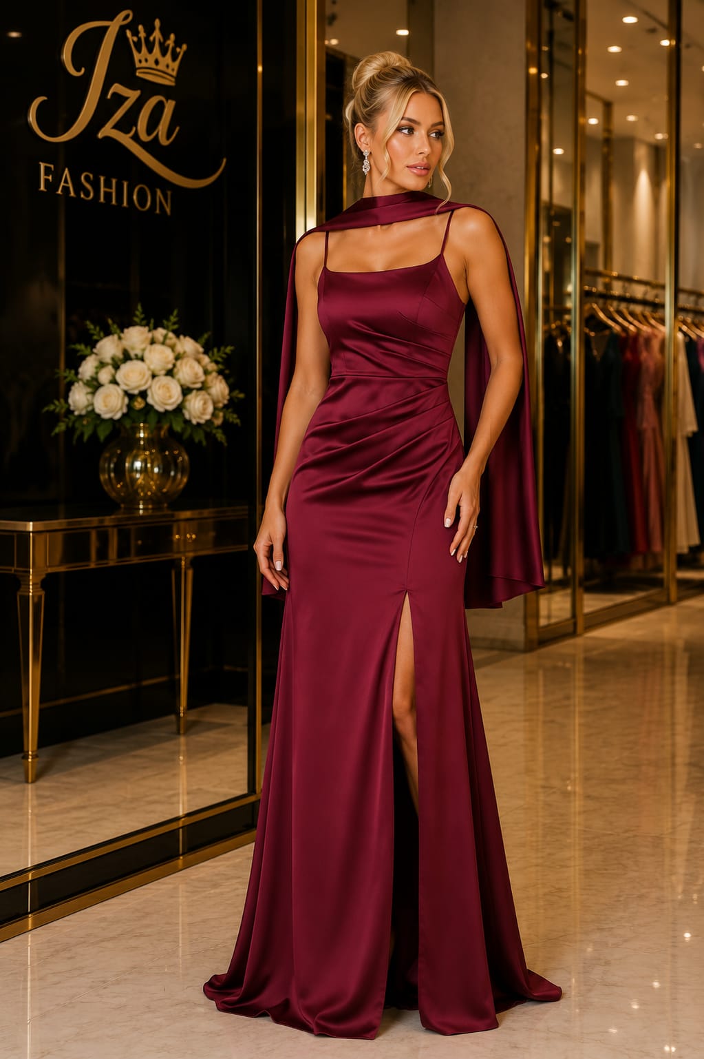 Vestido Longo Cetim Com Capa Marsala