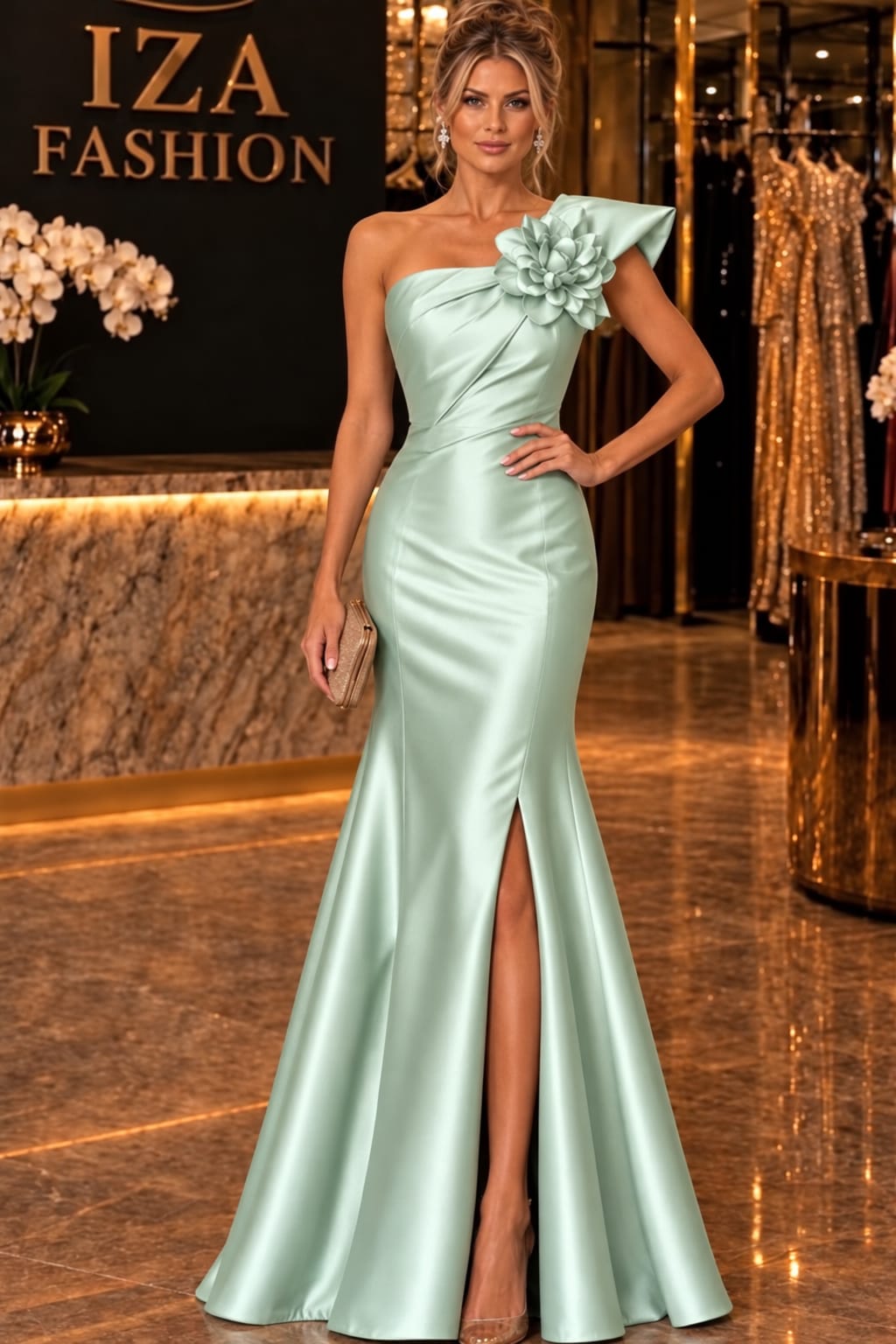 Vestido Zibeline Um Ombro com Flor Só Menta