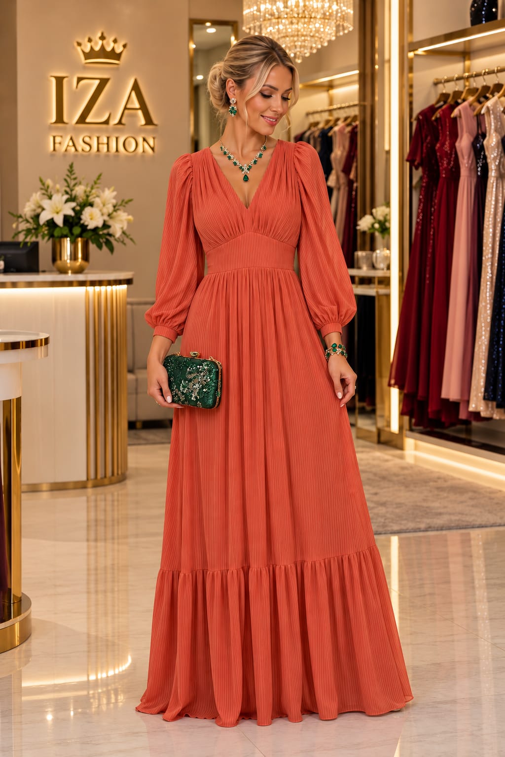 Vestido Longo de Tule Decote V Manga Longa Laranja