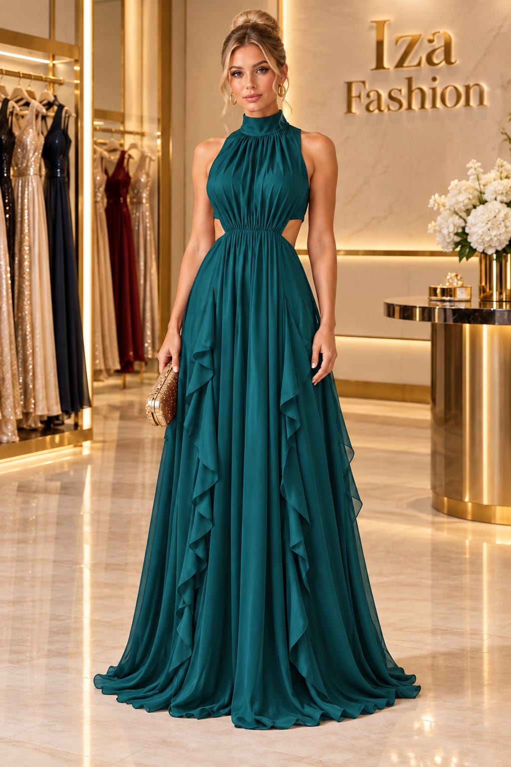Vestido Longo Verde Esmeralda Frente Única com Babados e Vazado na Cintura