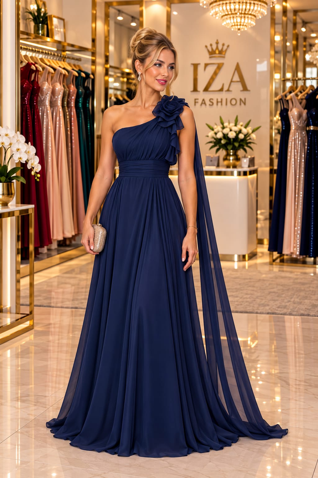 Vestido Longo Azul Marinho Ombro Único com Flor 3D e Capa Esvoaçante