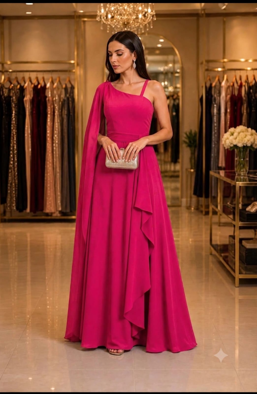 Vestido Longo Crepe de Seda Fúcsia Um Ombro Só