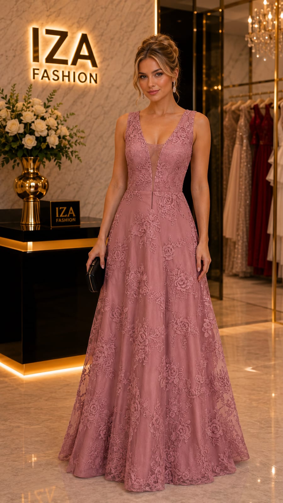 Vestido Rosa em Bordado em Renda Floral