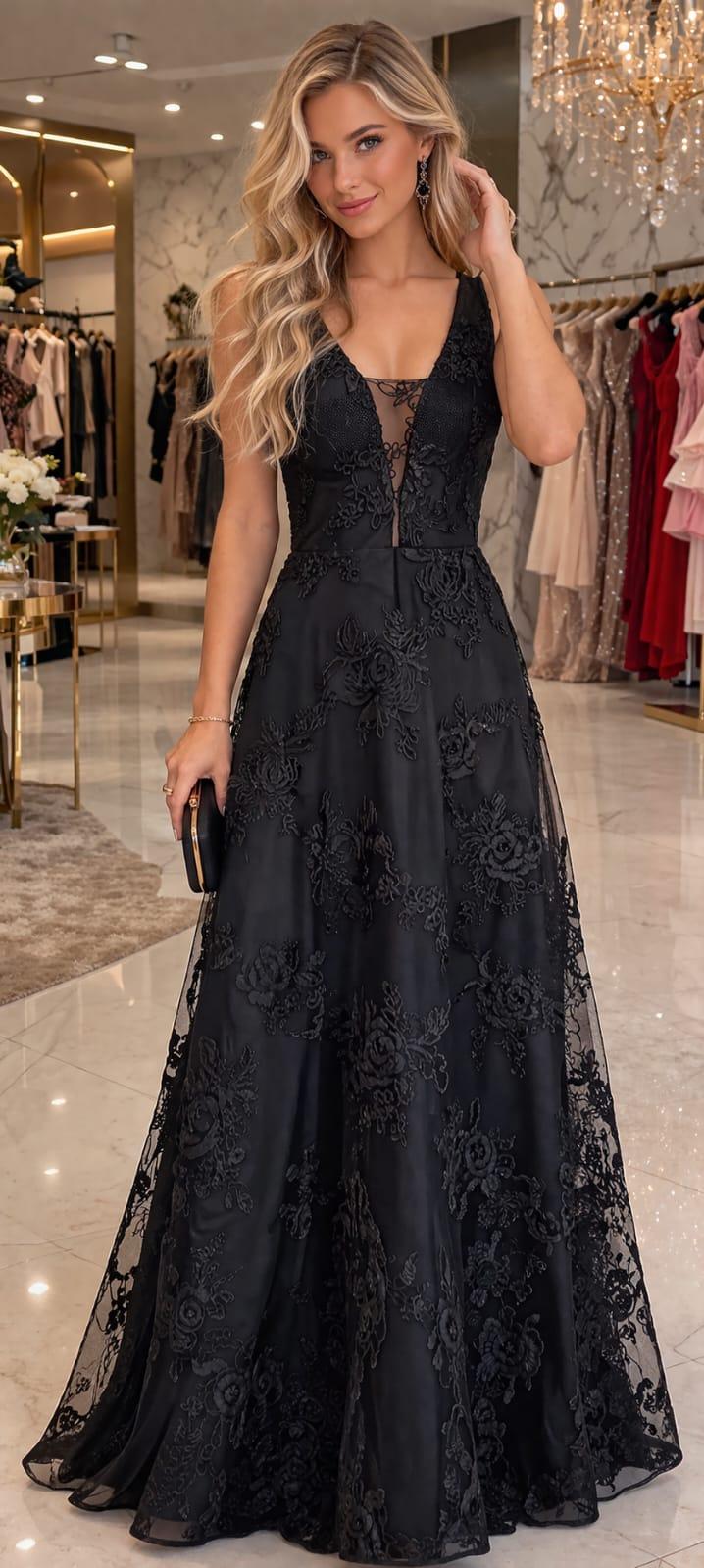 Vestido Renda Bordada Preto