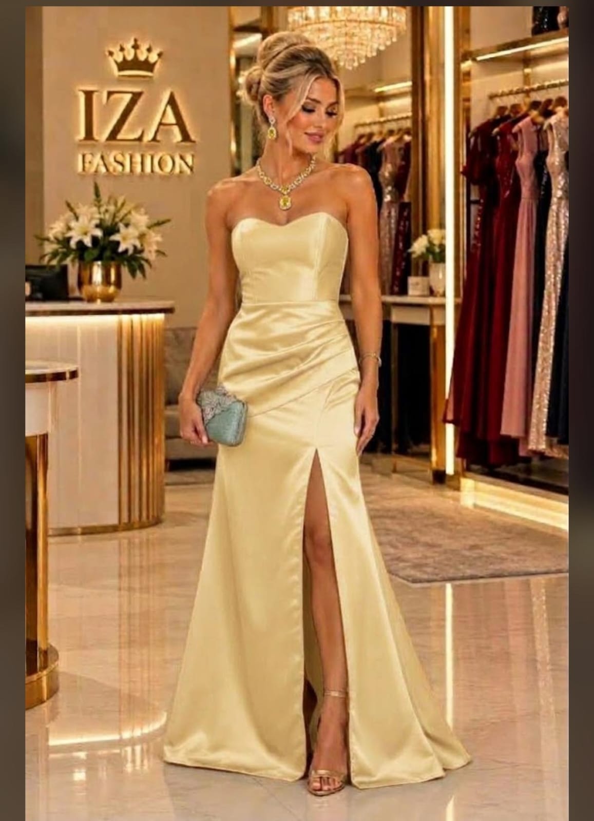 Vestido Longo Tomara que Caia em Cetim Amarelo