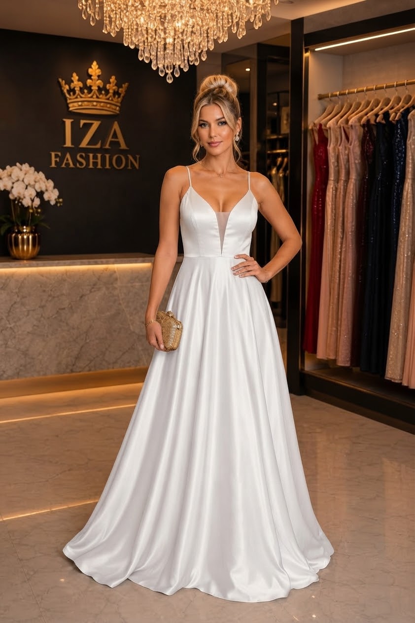 Vestido Longo Branco de Cetim CDC com Decote V e Alças Finas