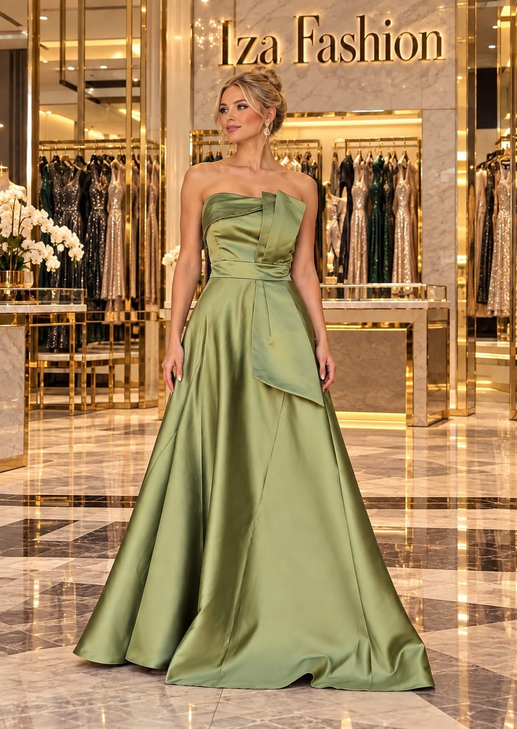 Vestido Longo Verde Oliva Cetim Duchese Tomara-que-caia Assimétrico com Babado Cascata e Fenda